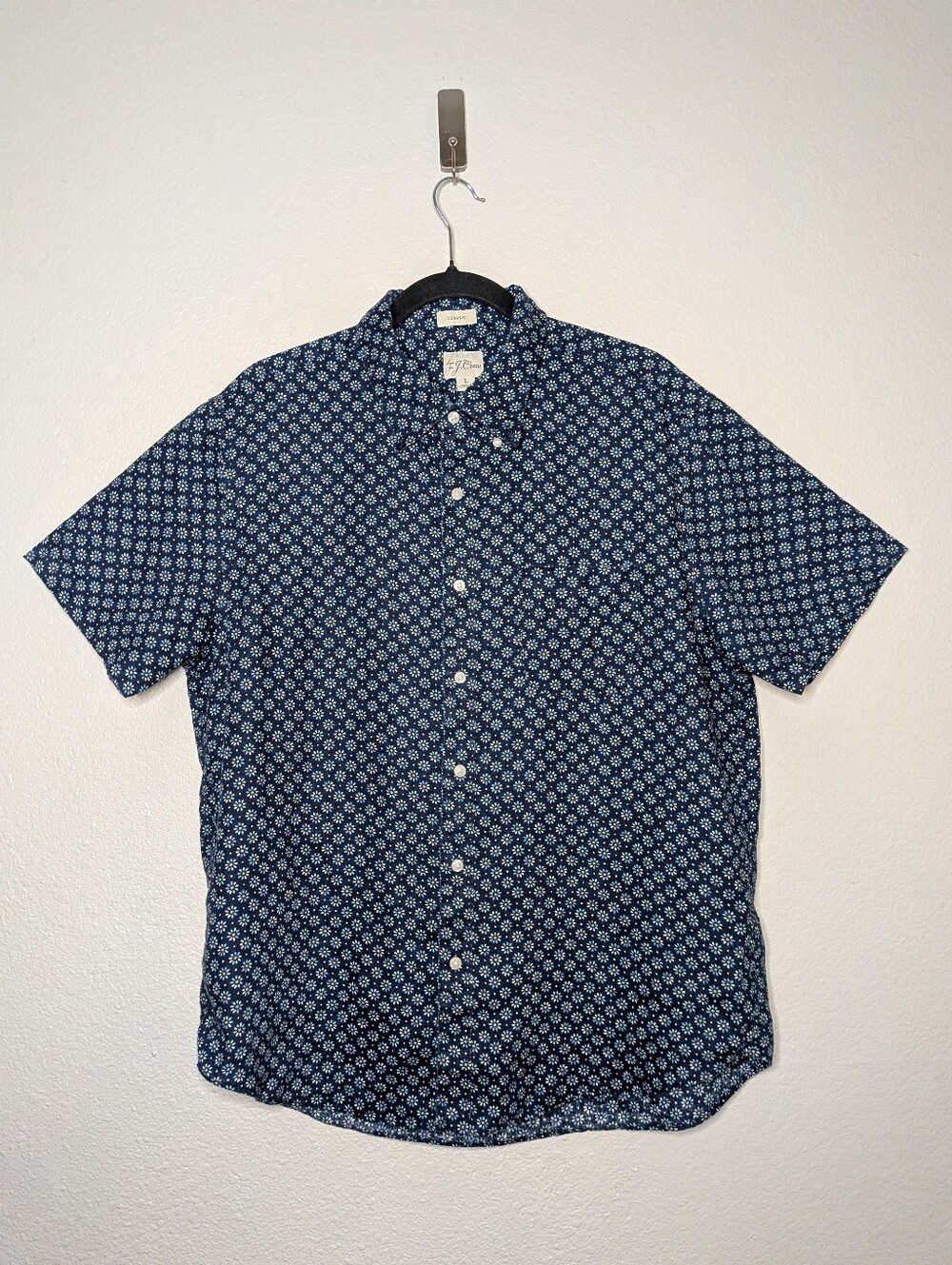 J. Crew Men Navy Daisy Printed Preppy Office Casual Linen Button Down Shirt L